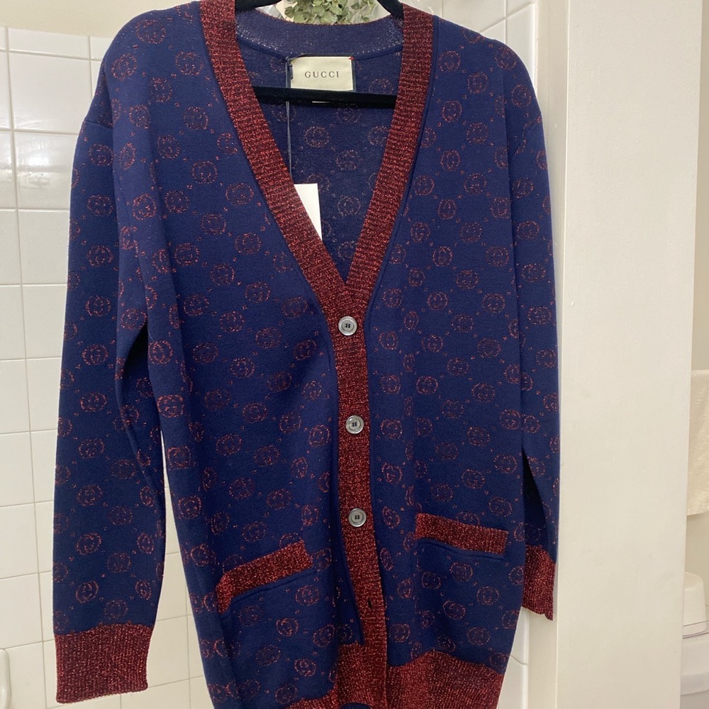 GG cotton lamé cardigan navy blue and red. size xxs.
